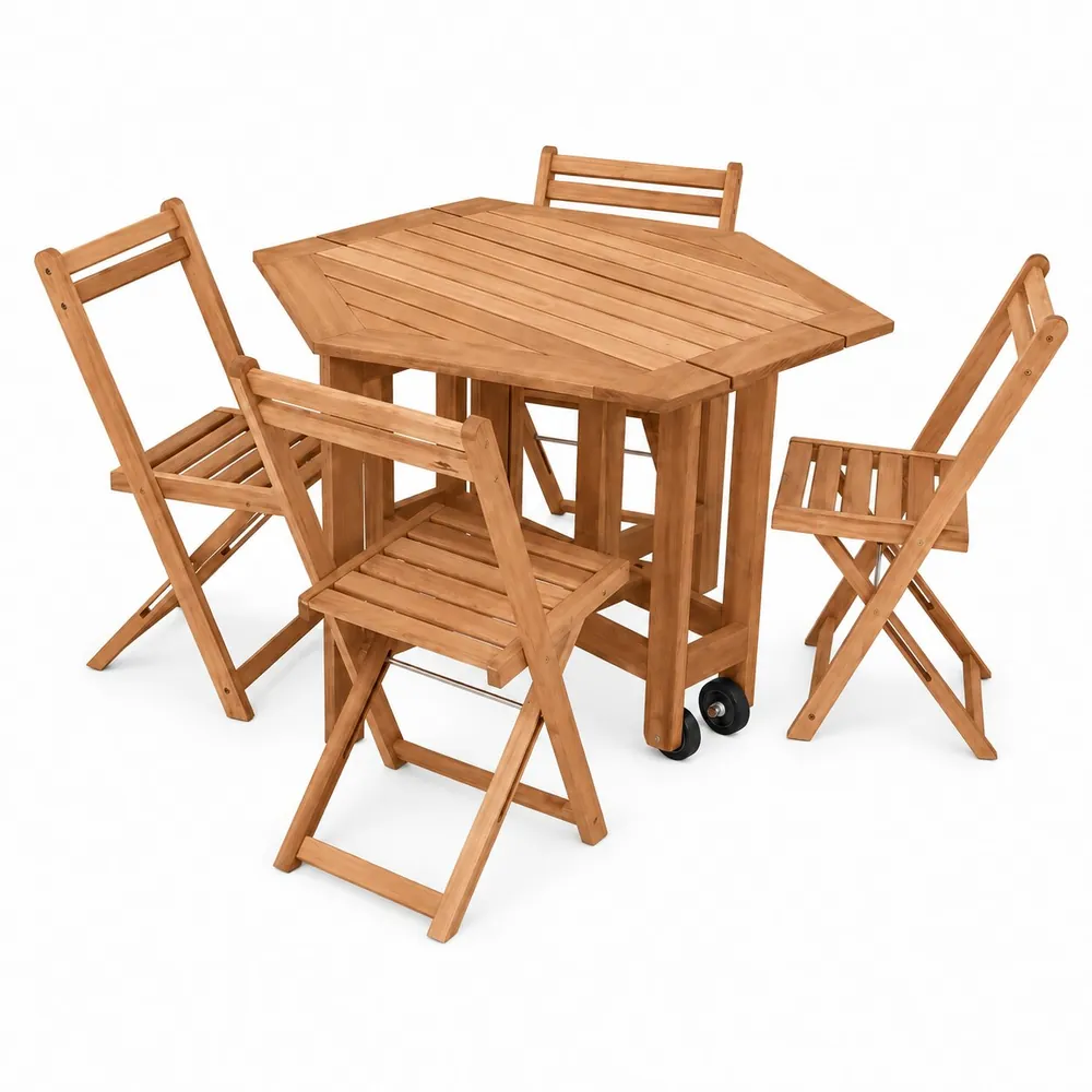 Mesa Sextavada c/4 Cadeiras Acácia — móvel de madeira Metalnew, referência 6010