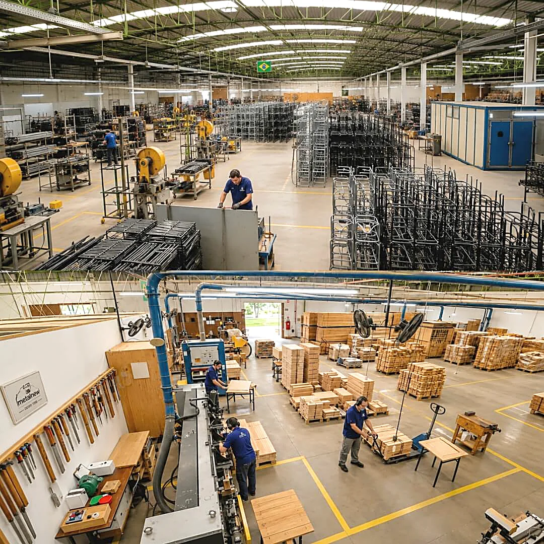 Infraestrutura produtiva da Metalnew em Birigui, São Paulo: unidade de aço e unidade de madeira trabalhando em escala industrial