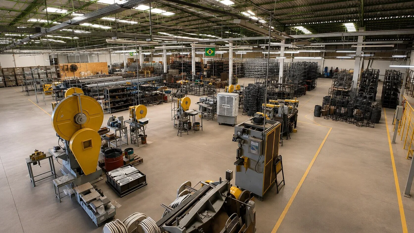 Linha de produção da Metalnew em Birigui, com maquinário industrial e estrutura organizada da fábrica