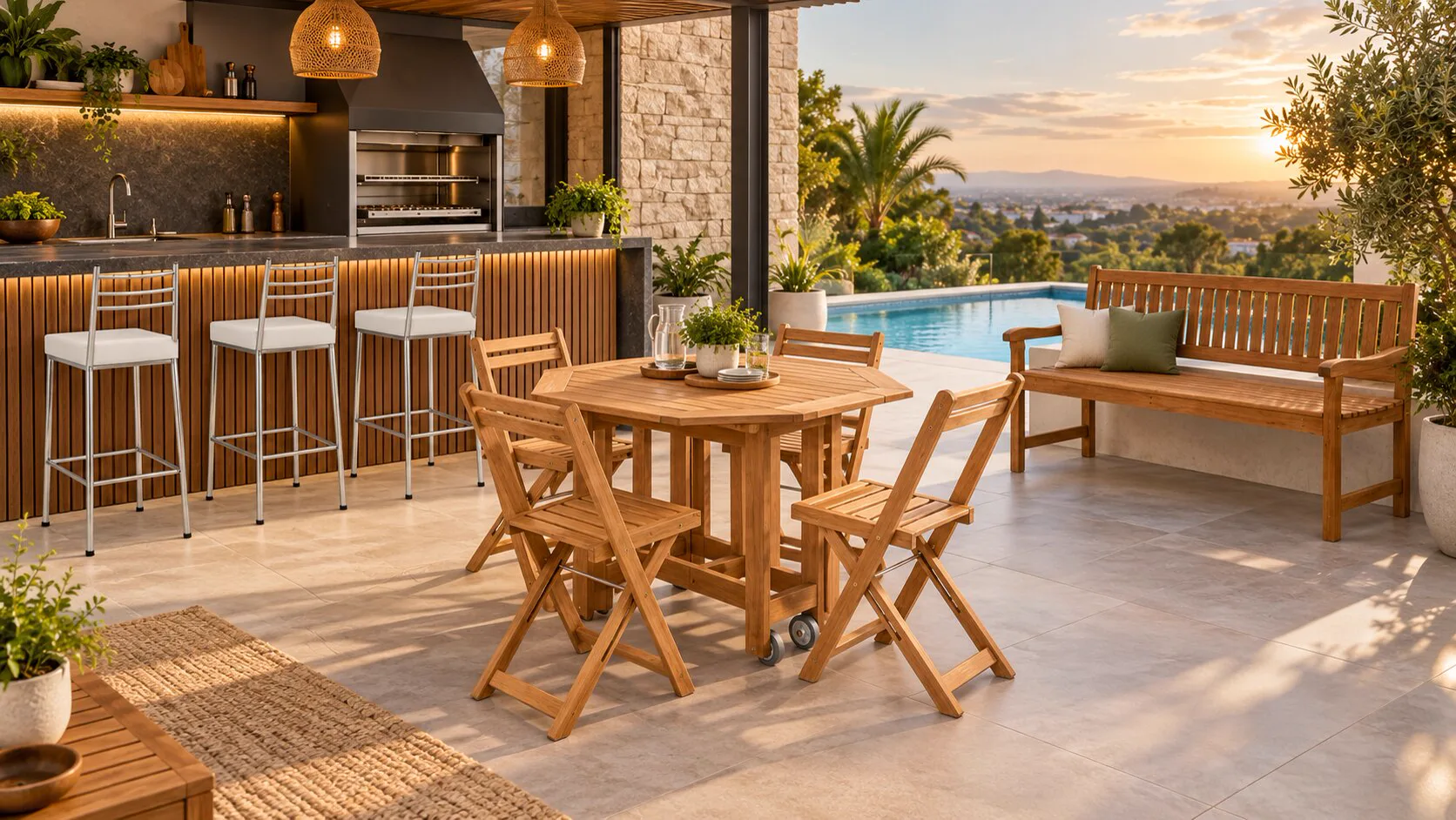 Móveis de madeira Metalnew em área gourmet com piscina ao pôr do sol — mesa dobrável, cadeiras e banco de eucalipto
